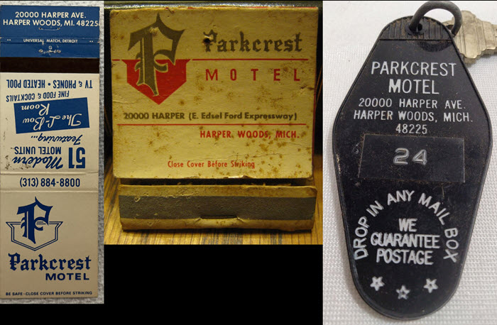 Parkcrest Motel (Parkcrest Inn) - Matchbooks And Key Fob (newer photo)